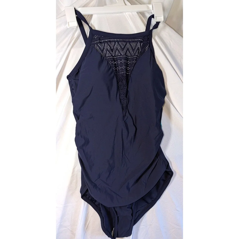 Womens Crochet High Neck One Piece Swimsuit - AquaGreen True Navy L